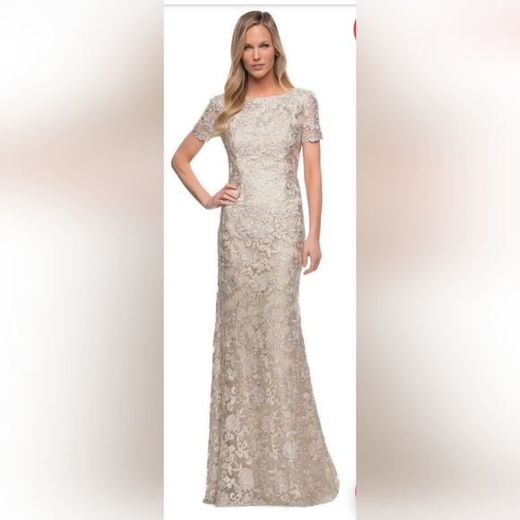 La Femme 29161 Embroidered Lace Short Sleeve Gown